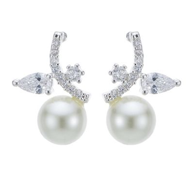 Silver cubic zirconia leaf and pearl stud earring